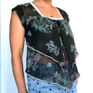 VTG 70s Tiered Sheer Gauze Floral Square Neck Top